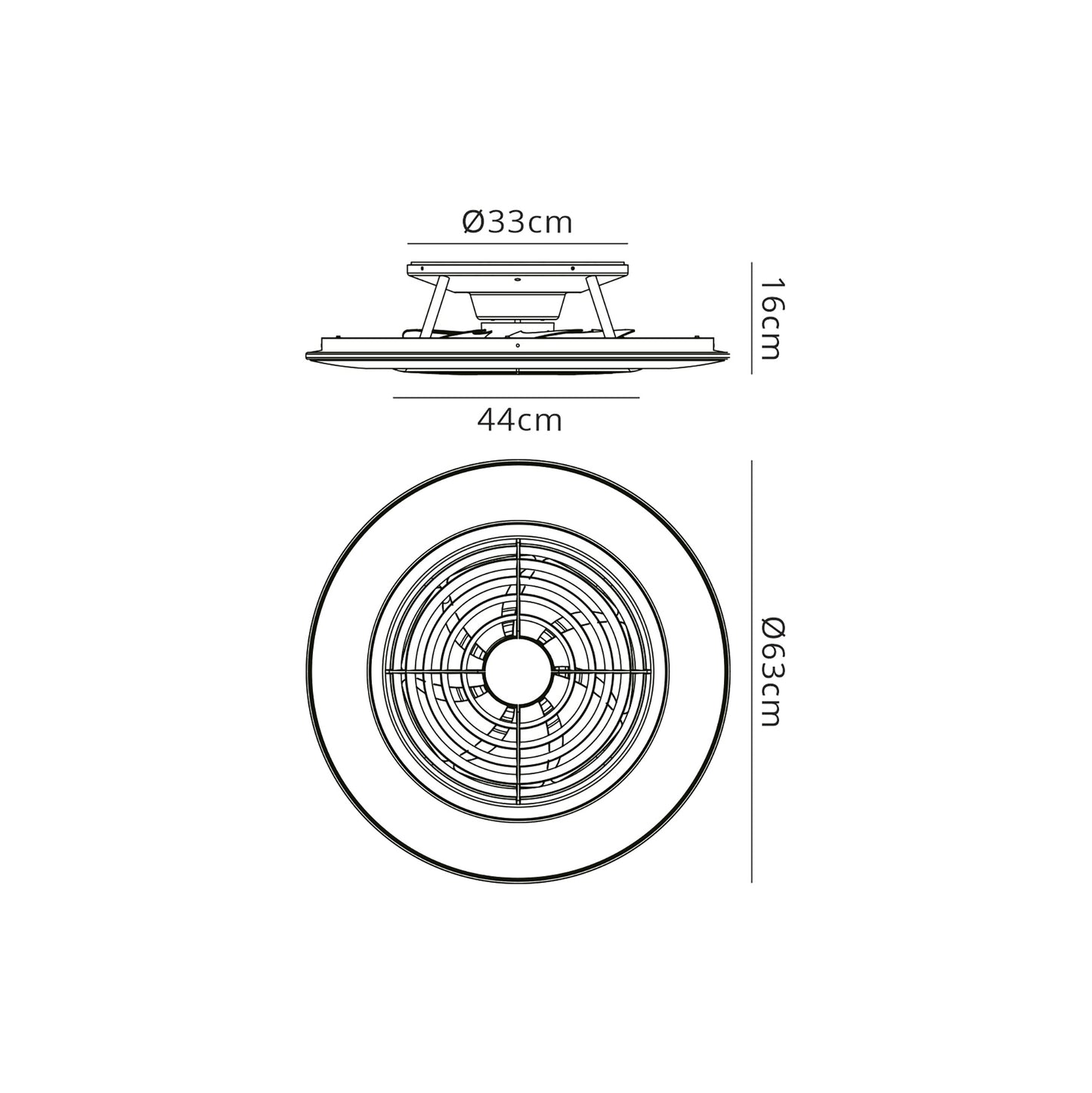 A technical drawing of the Ceiling Fans UK Alisio White Ceiling Fan with Light, highlighting labeled dimensions. The side view depicts a 33 cm diameter and a 16 cm height. The top view indicates the fan's overall diameter is 63 cm, with an outer measurement marked at 44 cm. This fan features a built-in 35W DC reversible motor and dimmable 70W LED light, controllable via remote or app.