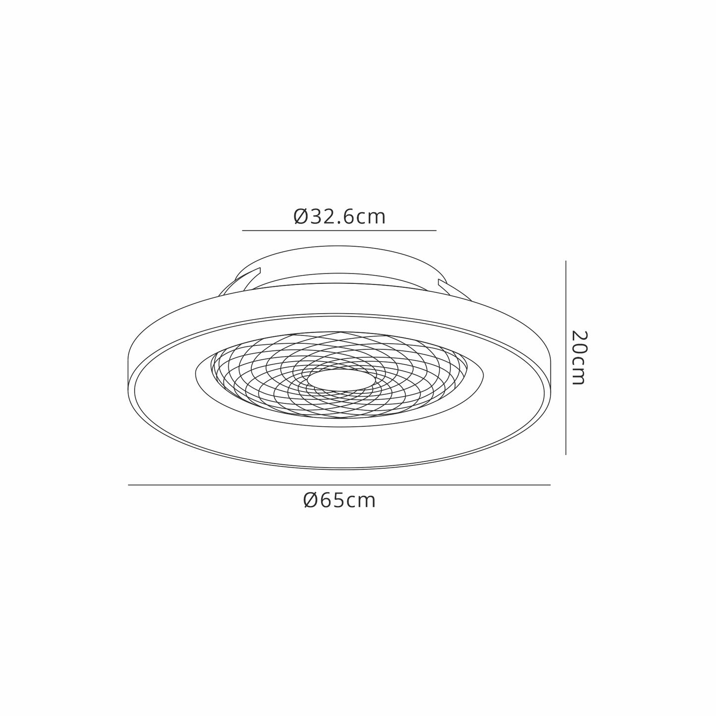 Line drawing of the Tibet Silver Ceiling Fan with light, a dimmable LED ceiling fixture by Ceiling Fans UK, featuring a detailed grid pattern at the center. The fixture has a diameter of 65 cm at its widest point and 32.6 cm at its narrower section, with a height of 20 cm. Measurements are clearly marked around the fixture. It is compatible with Alexa/Google Voice Control.