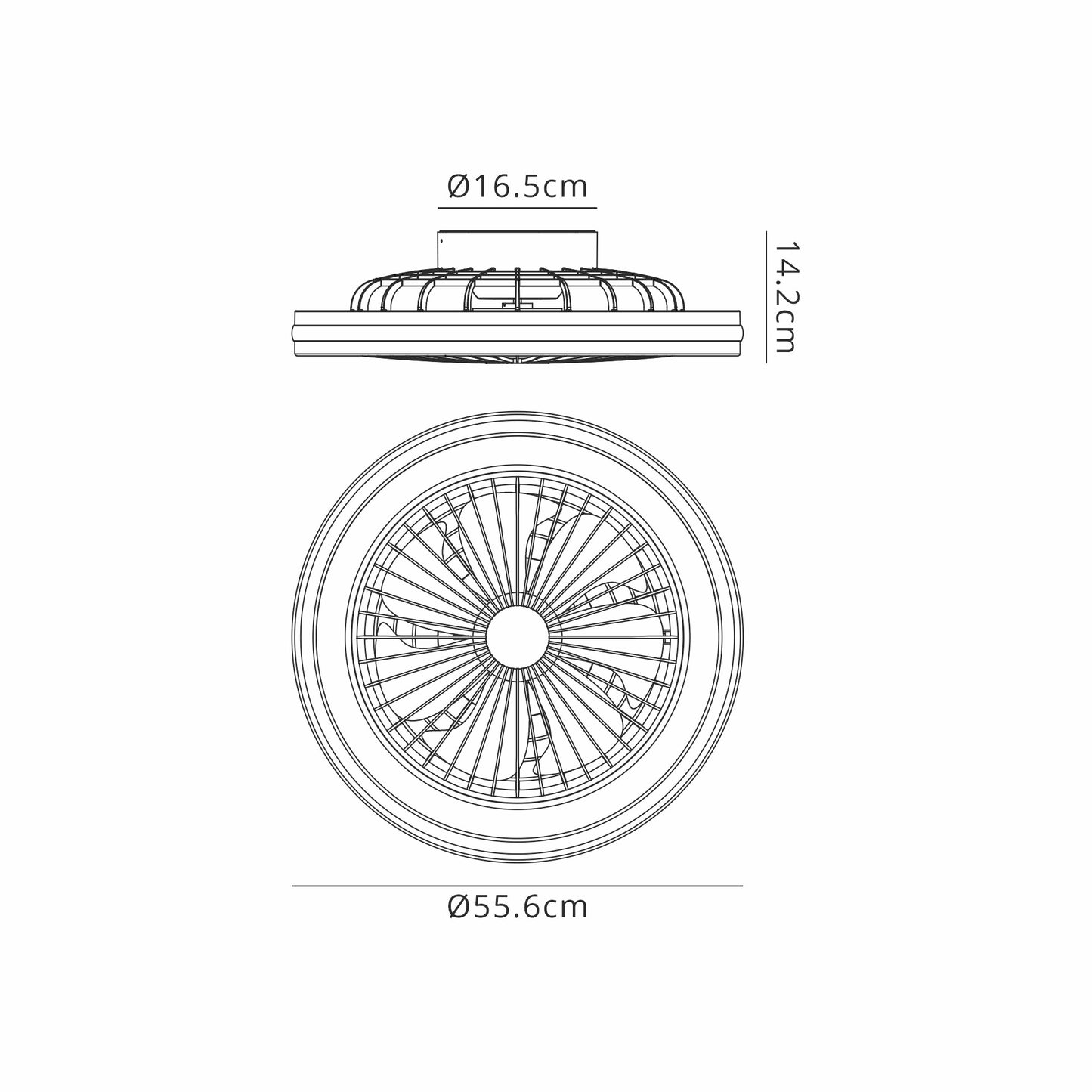 A technical diagram of a circular mechanical component with top and side views, illustrating the Ceiling Fans UK Gamer Large White RGB/CCT Ceiling Fan with lights. The top view shows a fan-like structure with RGB LEDs, while the side view highlights the component's thickness. Dimensions are 53 cm in diameter, 16.5 cm in diameter (smaller circle), and 14.2 cm in height.