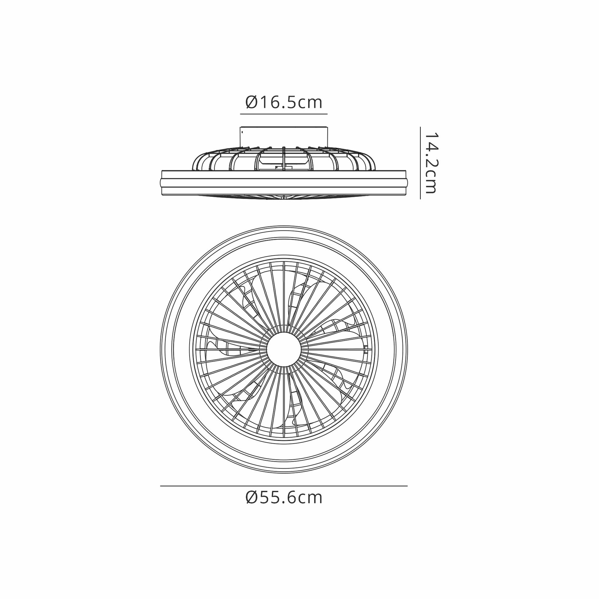 A technical diagram of a circular mechanical component with top and side views, illustrating the Ceiling Fans UK Gamer Large White RGB/CCT Ceiling Fan with lights. The top view shows a fan-like structure with RGB LEDs, while the side view highlights the component's thickness. Dimensions are 53 cm in diameter, 16.5 cm in diameter (smaller circle), and 14.2 cm in height.