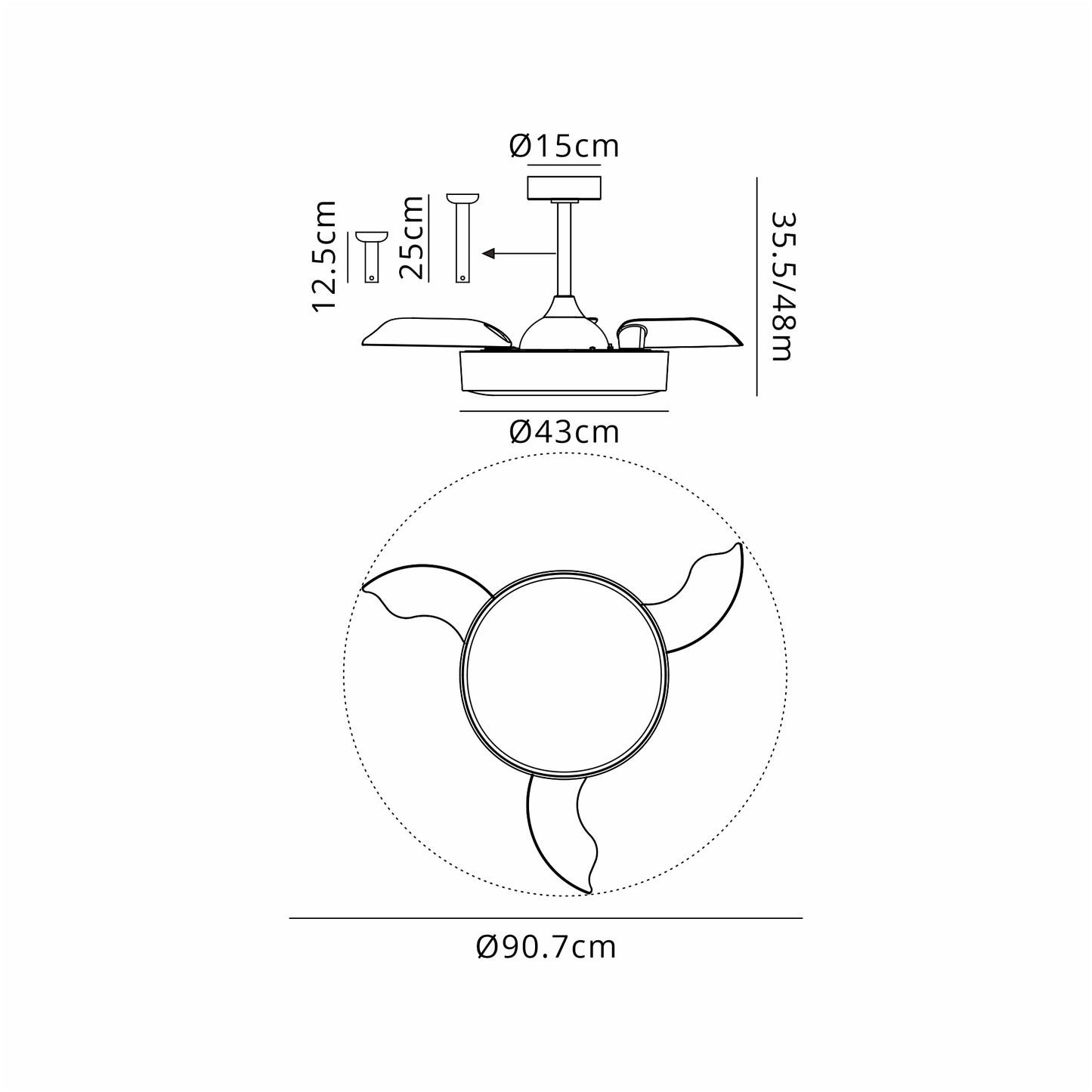 A technical drawing of the Alaska Mini Black Ceiling Fan with light by Ceiling Fans UK: This ceiling fan, featuring a 45W dimmable LED light and a built-in 25W DC fan, includes both remote and app control options. It has a central mount with a diameter of 15 cm, an adjustable height range from 35.5 to 48 cm, and three blades extending to a total diameter of 90.7 cm. The width of the central fan body measures at 43 cm. It comes with a generous 5-year warranty.