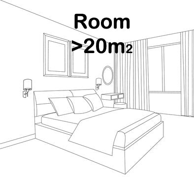 A line drawing of a bedroom showcasing a bed, two square frames on the wall, a small table, and a round mirror illuminated by the Himalaya Wood Ceiling Fan with Light. LED dimmable lighting adds ambiance to the space. Curtains cover a large window. Text reads "Room > 20m².