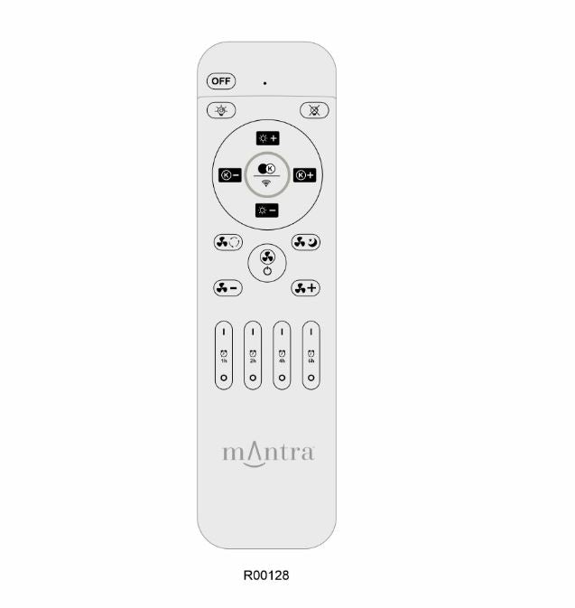 Illustration of the "Himalaya Wood Ceiling Fan" remote control by Ceiling Fans UK, featuring buttons for power, directional arrows, and settings. The code "R00128" appears at the bottom. This remote offers Alexa/Google Voice Control compatibility for seamless integration with your 63cm 70W LED dimmable light system and built-in DC reversible fan.