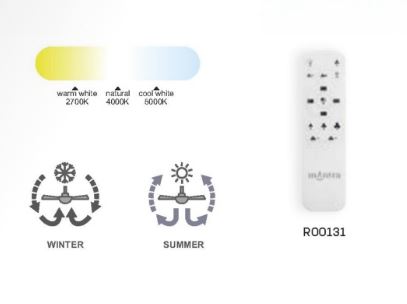 The remote control for the Indonesia Mini Beige Ceiling Fan with Light by Ceiling Fans UK includes icons for "Winter" and "Summer" modes, along with a color temperature scale at the top displaying warm white (2700K), natural (4000K), and cool white (5000K). The model number, "R00131," is also visible.