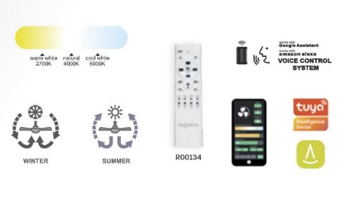 This image features a smart home setup with the Ceiling Fans UK Himalaya Wood Ceiling Fan, complete with a 70W LED dimmable light and a built-in 35W DC reversible fan. It comes with remote control R00134, boasts a light color temperature scale, has winter/summer icons, and offers compatibility with Alexa/Google Voice Control for effortless integration.