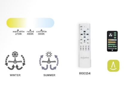 An illustration with a gradient bar showing warm white (2700K) to cool white (6600K) light, icons for winter and summer fan modes, "Nepal Mini White Ceiling Fan with Light 75cm" by Ceiling Fans UK featuring dimmable 55W LED ceiling light and built-in 30W DC reversible fan, a remote control labeled "RQ0134," and an icon of a smartphone app for Remote & APP Control.