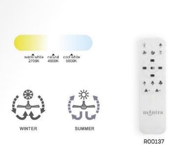 Image of a remote control for Ceiling Fans UK's Siberia White Ceiling Fan with Light. The remote allows you to adjust settings for both light temperature and fan operation, featuring a scale from warm white 3000K to cool white 6500K—ideal for dimmable LED lighting. It includes icons for winter and summer modes, with the model number RO0137 displayed on the remote.