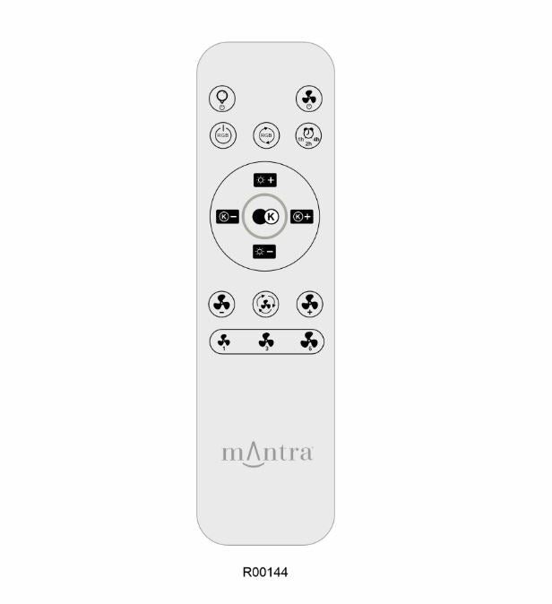 Black and white illustration of a remote control with buttons for power, fan speed, and direction. The label "Ceiling Fans UK" is visible at the bottom alongside the model number R00144, specifically designed for the Siberia Mini White Ceiling Fan with Light 40W LED Dimmable.