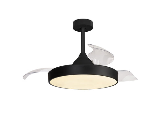 The Ceiling Fans UK Alaska Black Ceiling Fan with Light features a sleek, modern design with a 60W LED dimmable ceiling light at the center and three transparent, curved blades. The fixture is securely mounted to the ceiling using a black rod and base, and offers convenient remote and APP control. This product also includes a built-in 30W DC fan and comes with a 5-year warranty.