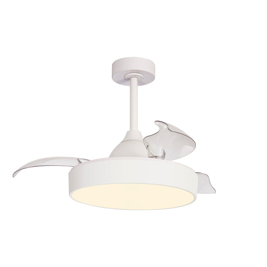 The Alaska Mini White Ceiling Fan by Ceiling Fans UK boasts a modern design with a white cylindrical base and extendable translucent blades. It features a central 45W LED dimmable ceiling light that casts a soft white glow. With its sleek, minimalist aesthetic and the convenience of Remote & APP Control, this fan is perfect for contemporary interiors. Additionally, it includes a built-in 25W DC motor and comes with an impressive 5-year warranty.