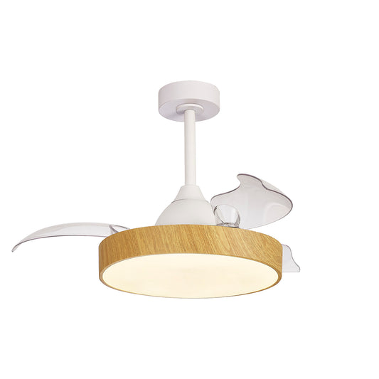 The Ceiling Fans UK Alaska Mini White/Wood Ceiling Fan features a modern design with a white mount, extending rod, and three transparent blades. This 43cm ceiling fan includes a 45W LED dimmable ceiling light with a round, wooden-style fixture integrated underneath. It offers the convenience of Remote & APP Control and comes with a built-in 25W DC fan and a 5-year warranty.