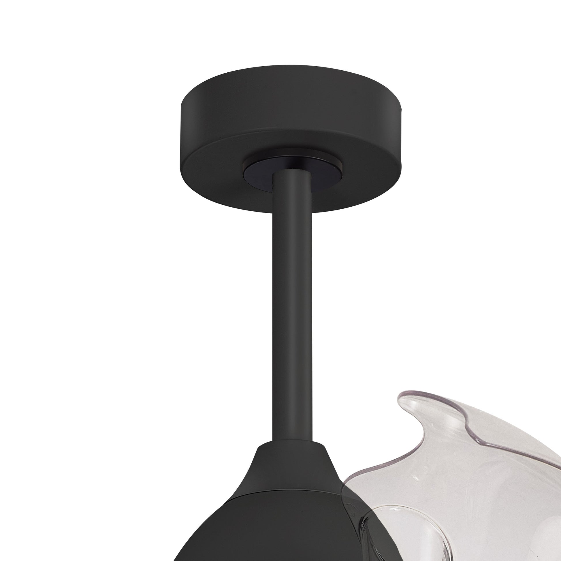 Close-up image of the Alaska Mini Black Ceiling Fan with light by Ceiling Fans UK. The fixture features a sleek cylindrical mount, a straight rod connecting to the light housing, and a clear, curved glass shade partially visible beside it. Equipped with a 43cm 45W LED dimmable ceiling light and built-in 25W DC fan, this modern design includes both remote and app controls for easy adjustments of brightness and ambiance. Comes with a 5-year warranty.