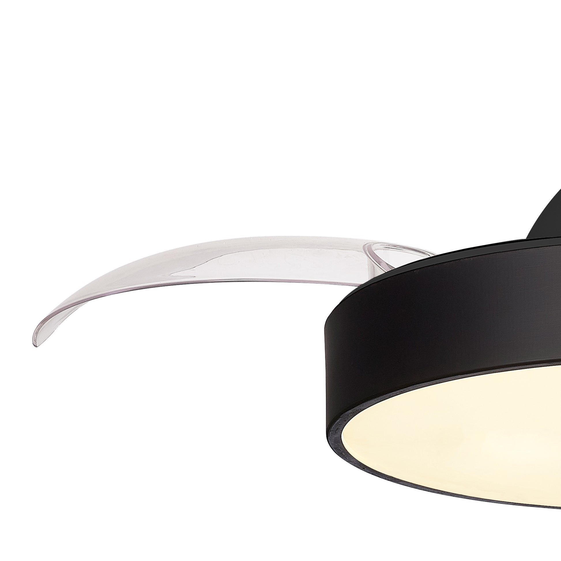 A close-up view of the Alaska Mini Black Ceiling Fan with light by Ceiling Fans UK showcases its modern, sleek design featuring a translucent curved extension. The 45W LED dimmable ceiling light emits a soft, warm glow from the bottom, accentuating the fixture's smooth and minimalist aesthetic.