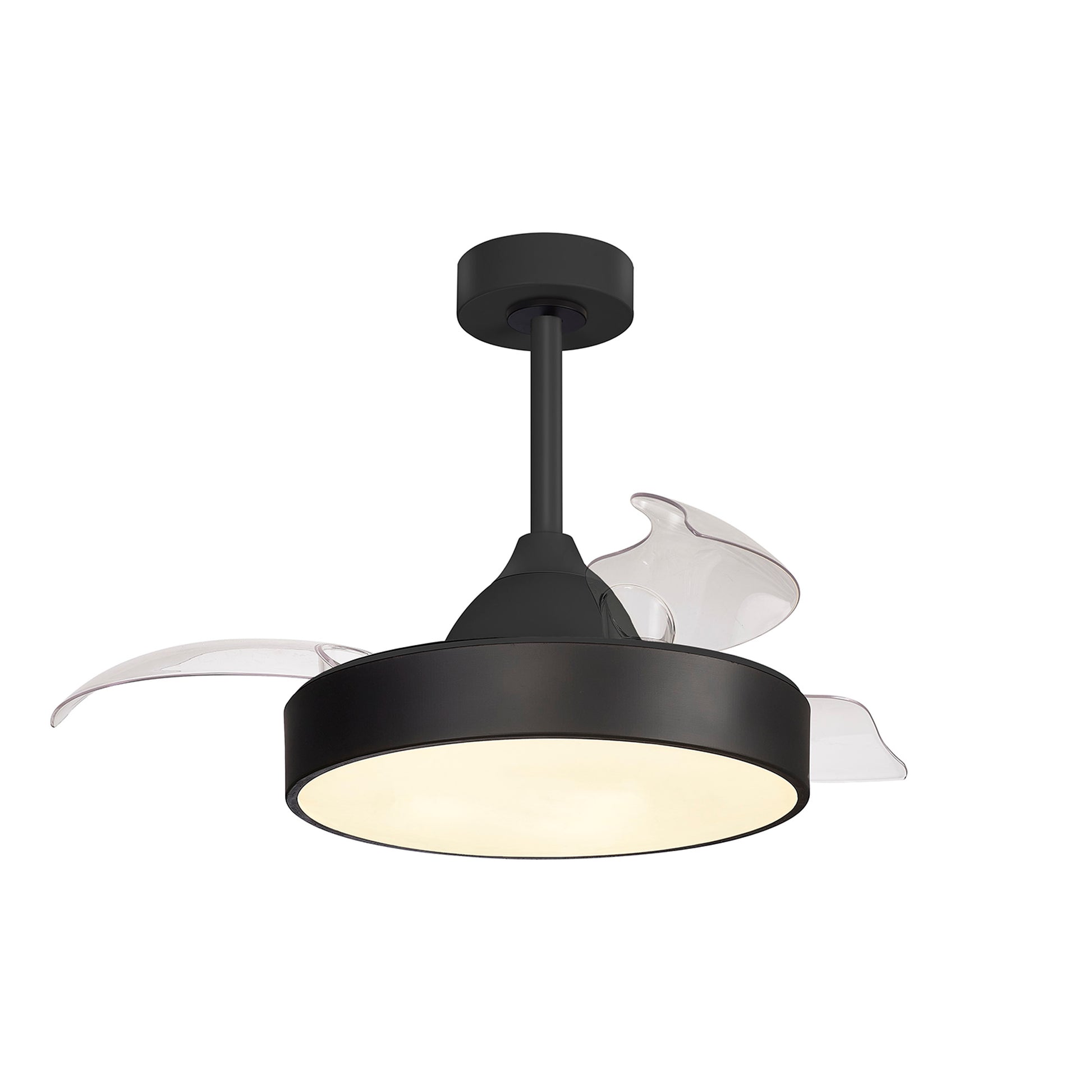 Introducing the Ceiling Fans UK Alaska Mini Black Ceiling Fan. This modern ceiling fan features a black circular 45W LED dimmable light fixture and four transparent blades, seamlessly blending into any environment with its sleek, minimalist design. The fan includes both remote and app control for added convenience and is mounted to the ceiling with a black rod. It offers a perfect combination of subtle elegance and functionality, backed by a 5-year warranty.