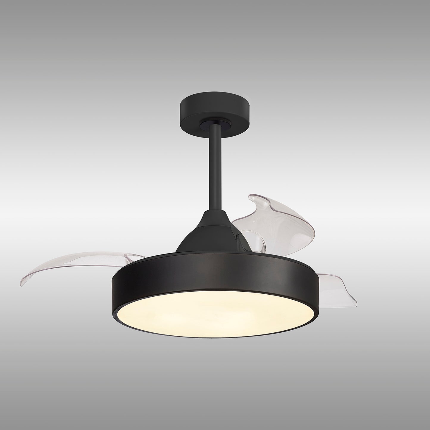 Introducing the Alaska Mini Black Ceiling Fan with light by Ceiling Fans UK. This contemporary fan boasts a sleek black cylindrical design complemented by three transparent, curved blades. It features a 43cm, 45W LED dimmable ceiling light with a frosted cover that ensures even light diffusion. Adjustments are made easy with the included remote control and an APP option. The background showcases a smooth gradient transitioning from light gray to dark gray.


