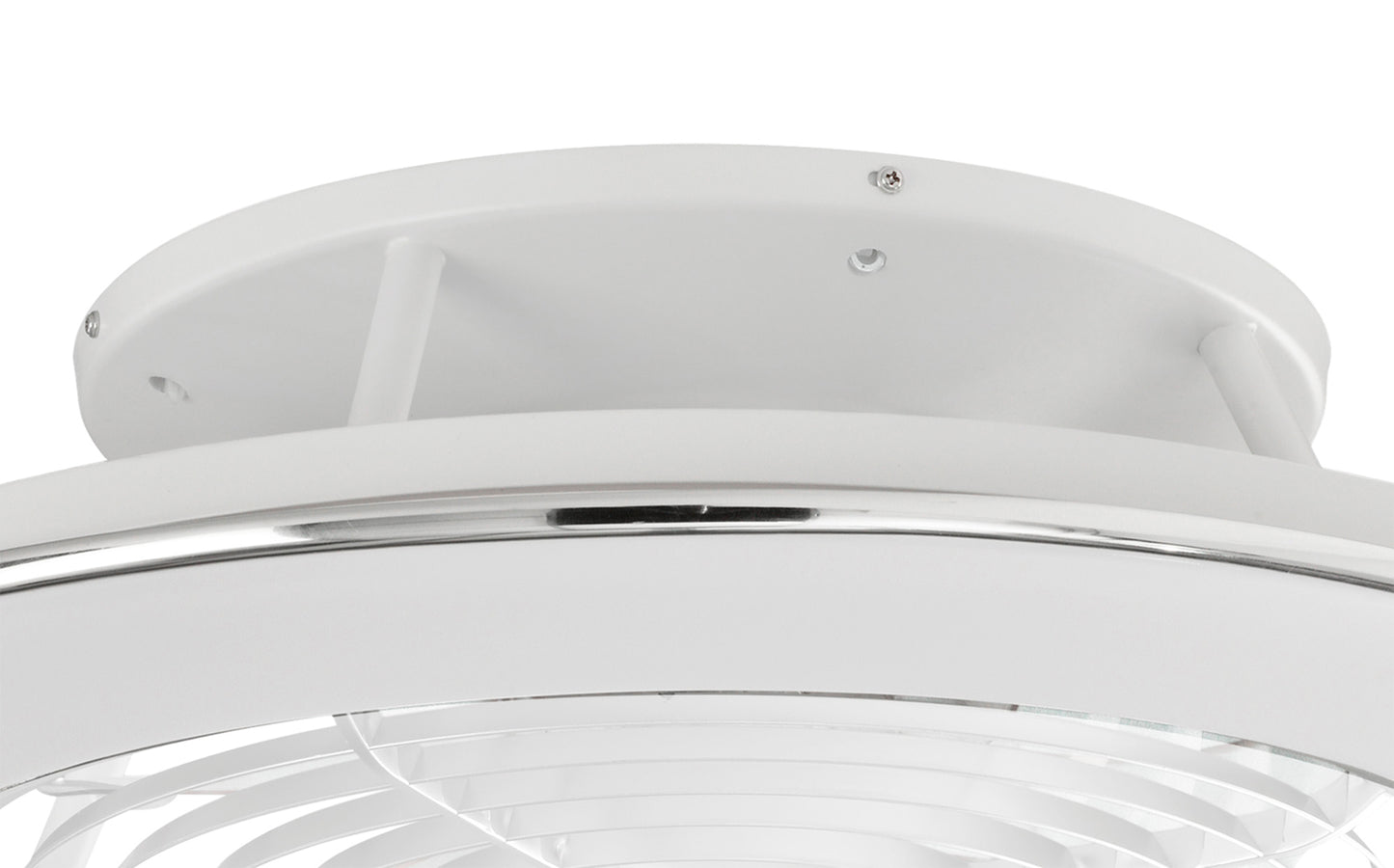 A close-up image showcasing the Alisio White Ceiling Fan with Light, featuring a modern and sleek design. The fan, from Ceiling Fans UK, is attached to the ceiling with a glossy metal ring and boasts multiple curved blades enclosed within a circular frame. This 63cm fan includes an LED dimmable light for added functionality and comes equipped with a built-in 35W DC reversible fan. Additionally, it offers both remote control and app control for ultimate convenience.