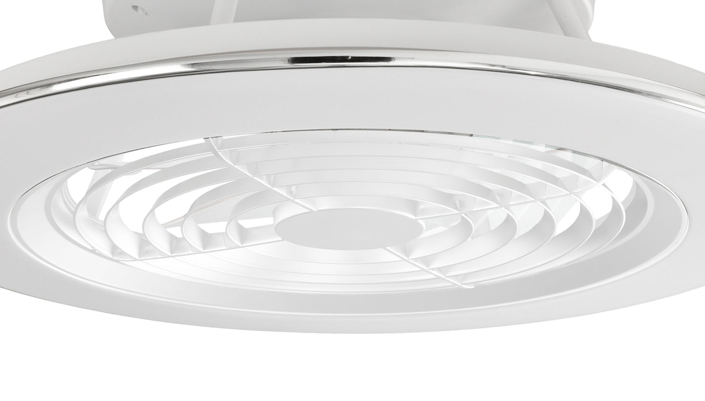 Introducing the Alisio White Ceiling Fan with Light from Ceiling Fans UK: a 63cm, 70W LED dimmable ceiling fixture featuring an integrated 35W DC reversible fan. This elegant white finish model includes a metallic rim encasing the light, with fan blades arranged in a spiral pattern within its inner circle. It comes complete with remote control and APP control for versatile operation.