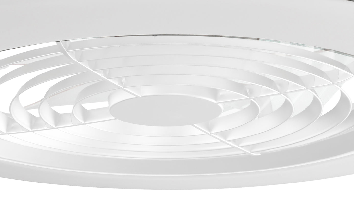 A close-up view of the Alisio White Ceiling Fan with Light 63cm by Ceiling Fans UK showcases its circular, modern design. The fan blades are enclosed within a grill, offering a sleek and minimalist appearance. This 70W LED dimmable ceiling light not only illuminates the room but also emphasizes the blade mechanism and grill detail in the photo.