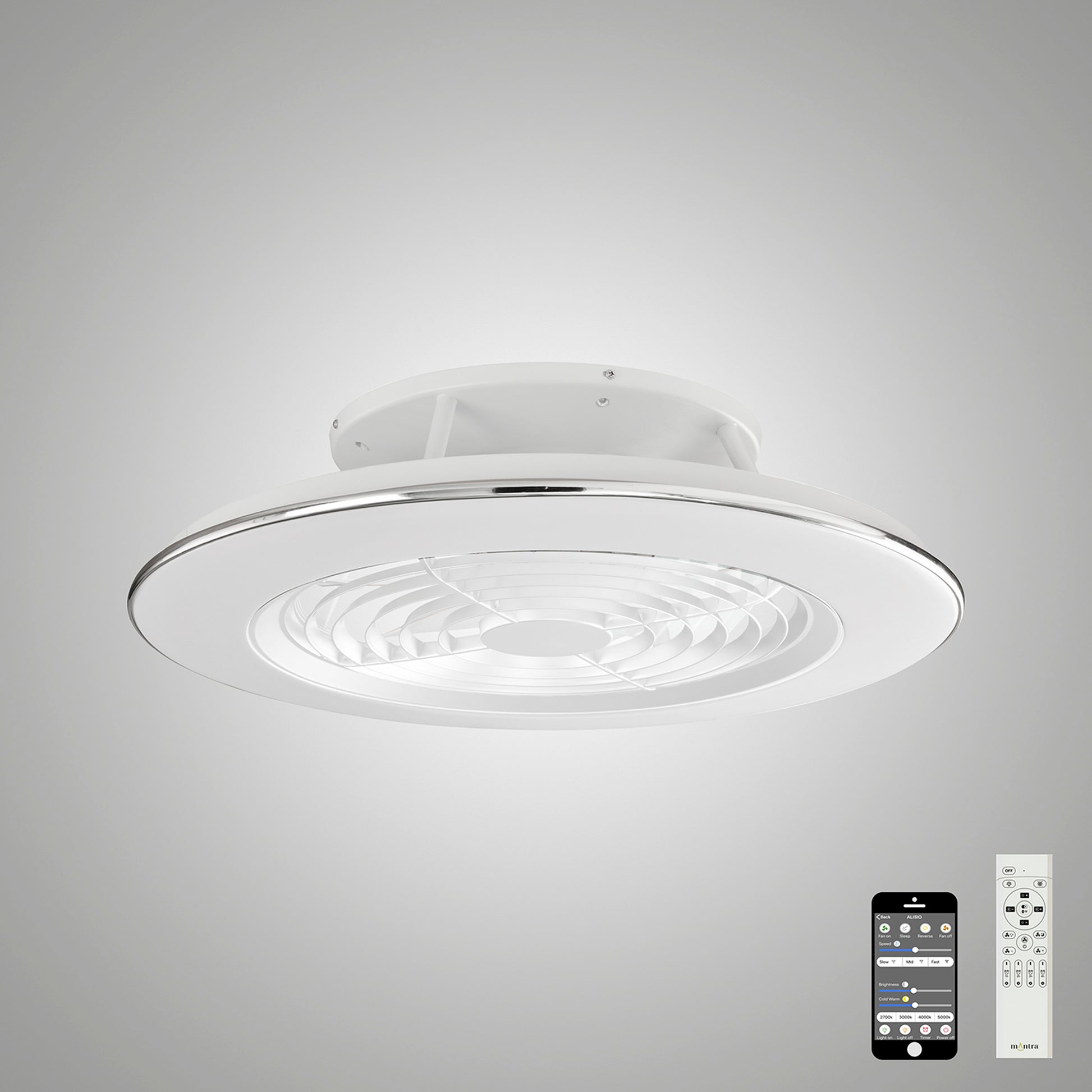 The Alisio White Ceiling Fan with Light by Ceiling Fans UK features a sleek, circular design and a 70W dimmable LED light. This modern ceiling fan includes a built-in reversible 35W DC motor and comes in a white finish with chrome accents. It offers adjustable settings via both remote control and smartphone app, with the controls conveniently displayed to the right of the fan.