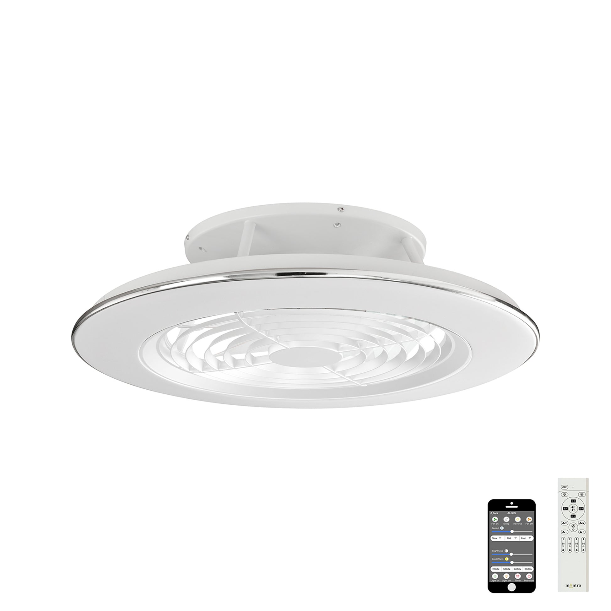 Image of the Alisio White Ceiling Fan with Light by Ceiling Fans UK, showcasing its sleek, circular design and integrated 70W LED dimmable light. The reversible 35W DC fan features a white finish with a thin metallic outer rim. Included in the image are two remote controls—one black with various buttons, and the other white—for adjusting settings.