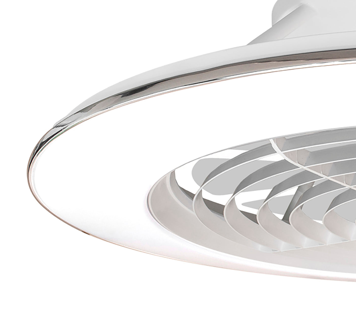 Close-up of a modern Ceiling Fans UK Alisio XL White Ceiling Fan with Light. The 73.5cm fan features a 95W LED dimmable ceiling light integrated around the blades, providing a sleek and contemporary aesthetic. The fan's blades are visible through the illuminated ring, showcasing its minimalist design.