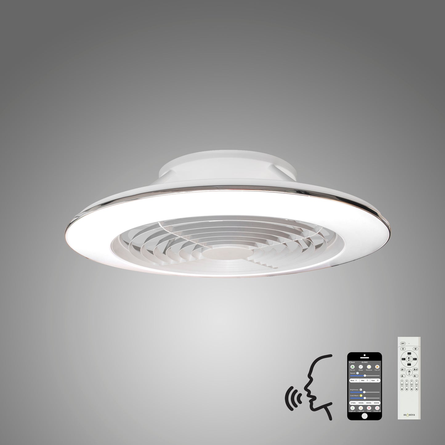 A modern Alisio XL White Ceiling Fan from Ceiling Fans UK, featuring a built-in 73.5cm, 95W LED dimmable circular light fixture and a 58W DC reversible fan finished in white. Beneath it sits a remote control and a smartphone displaying its controls, indicating compatibility with Alexa/Google Voice Control. The background is plain gray.