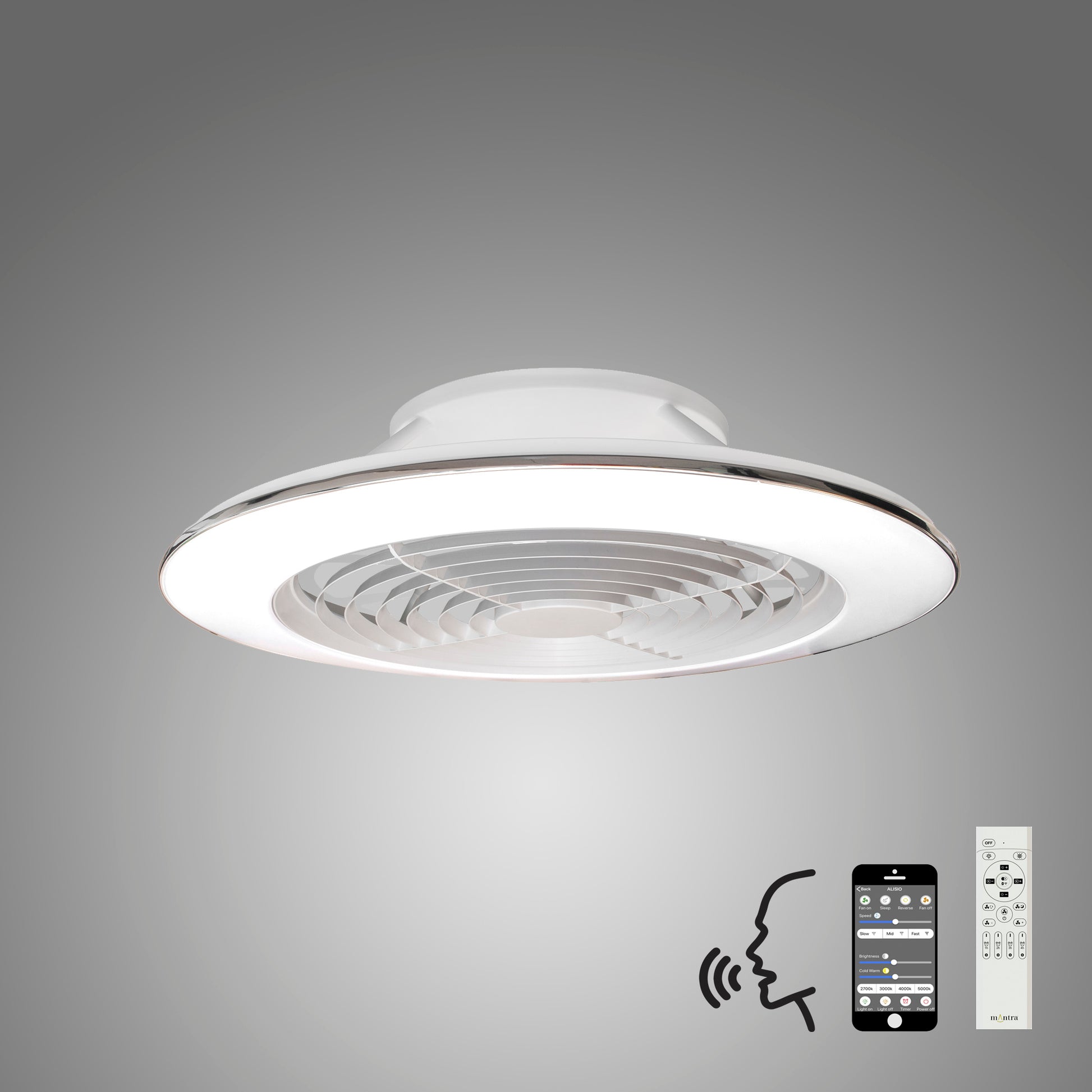 A modern Alisio XL White Ceiling Fan from Ceiling Fans UK, featuring a built-in 73.5cm, 95W LED dimmable circular light fixture and a 58W DC reversible fan finished in white. Beneath it sits a remote control and a smartphone displaying its controls, indicating compatibility with Alexa/Google Voice Control. The background is plain gray.