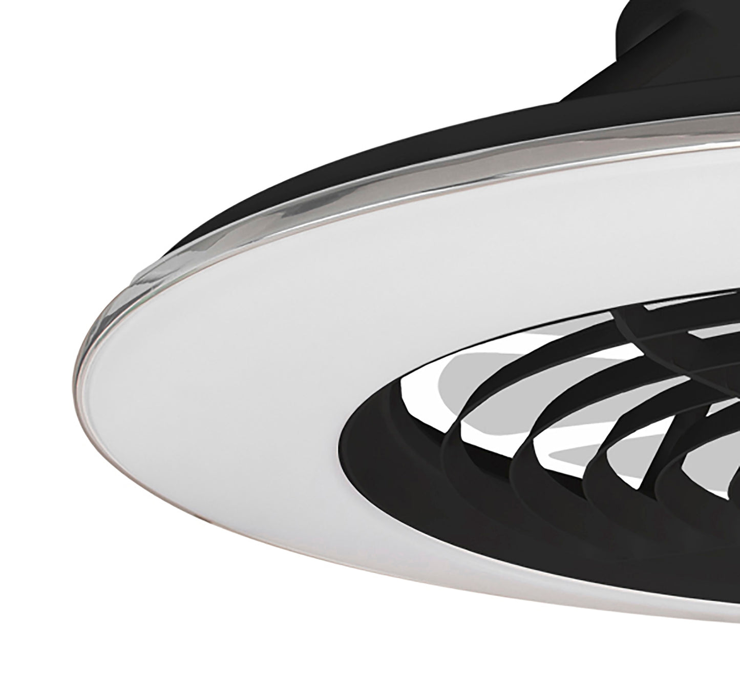 A close-up of the Alisio XL Black Ceiling Fan with Light by Ceiling Fans UK reveals a modern and sleek circular design. The fixture boasts a black interior with a white outer rim, complemented by a fan-like structure at its center. With its minimalist and contemporary aesthetic, this LED dimmable ceiling light spans 73.5cm and features 95W of LED lighting along with a 58W DC reversible fan, all controllable via remote control, app, or Alexa/Google voice commands.