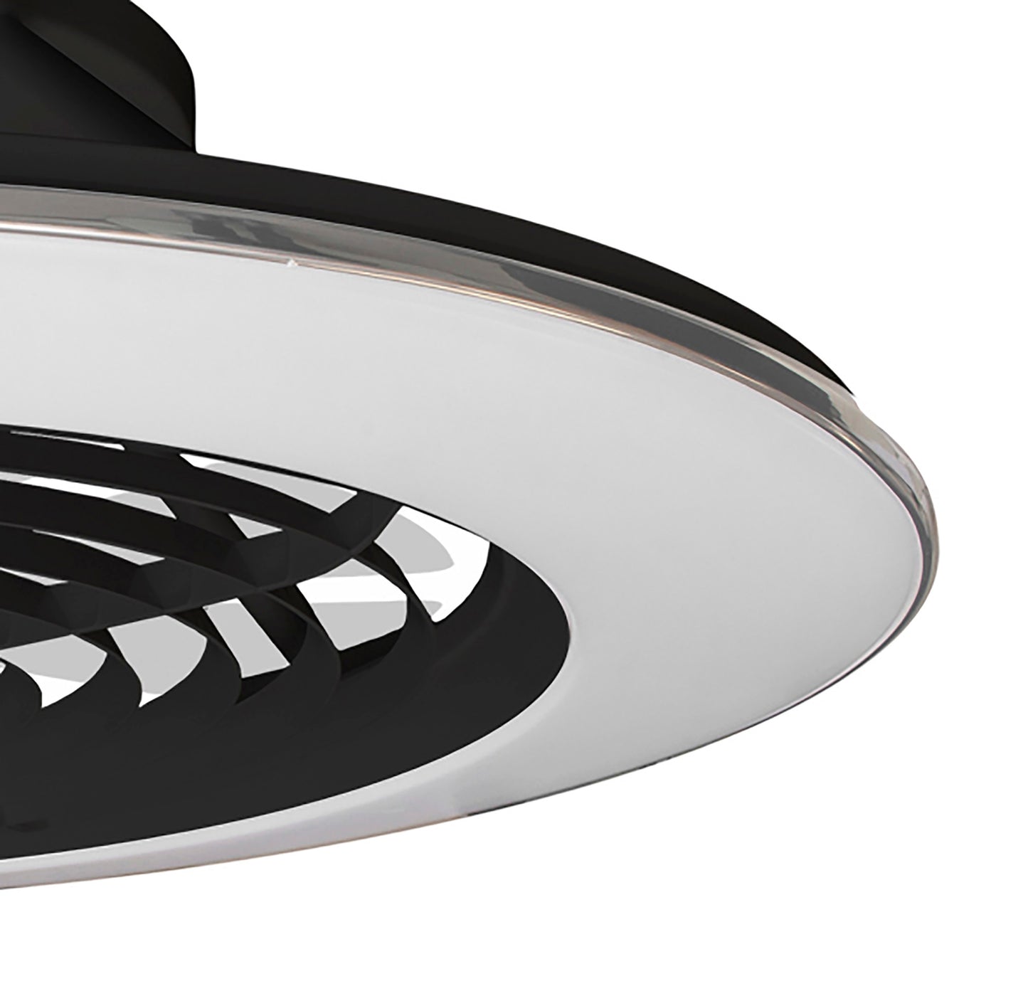 A close-up view of the Alisio XL Black Ceiling Fan with Light by Ceiling Fans UK, showcasing its modern, circular design with a sleek black finish and white accents. The fixture features a flat, disc-like structure with abstract, curved patterns visible through the center opening. This 73.5cm, 95W LED dimmable ceiling light also includes a 58W DC reversible fan and comes complete with remote control, app functionality, and Alexa/Google voice control.