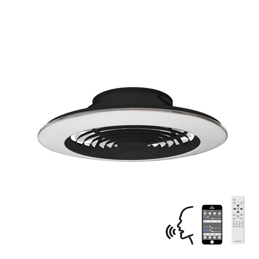 The Ceiling Fans UK Alisio XL Black Ceiling Fan with Light 73.5cm features a 95W LED dimmable ceiling light and a 58W DC reversible fan, all in a sleek black finish. This modern design includes a remote control, app compatibility shown on a smartphone display, Alexa/Google voice control capabilities, and showcases a circular frame with blades housed in the black inner section. With an impressive brightness of 5900lm, it combines style and functionality seamlessly.