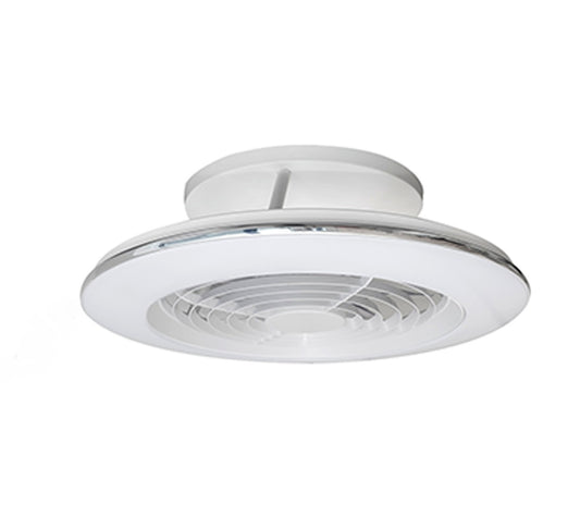 The Ceiling Fans UK Alisio Mini is a 52.5 cm white round ceiling fan characterized by its modern design, which includes a built-in 30W DC reversible central fan and a sleek, silver-accented outer ring. This stylish fixture also features a 70W LED dimmable light that produces up to 4900 lumens, all mounted on a short cylindrical base for added elegance and functionality. A remote control is included for convenient operation.