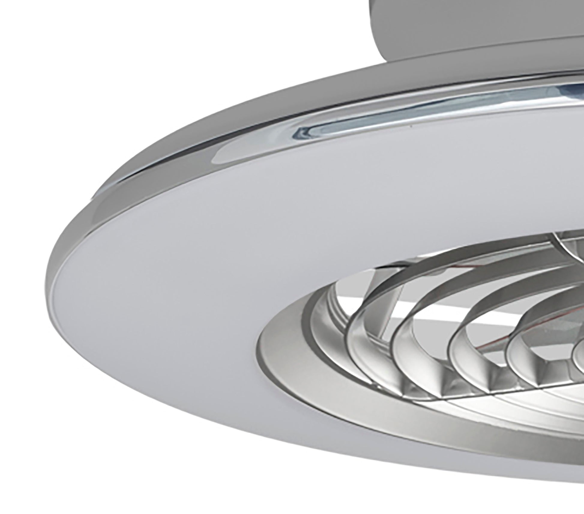 Close-up of the Alisio Mini Silver Ceiling Fan by Ceiling Fans UK. This 52.5cm fan features a sleek, circular design with a polished metal ring and a 70W LED dimmable ceiling light. The set of blades, enclosed within the ring, enhances its contemporary aesthetic with clean lines and a minimalist look. Made in White Finish, it includes a built-in 30W DC reversible fan and comes complete with a remote control for added convenience while delivering an impressive brightness of 4900lm.