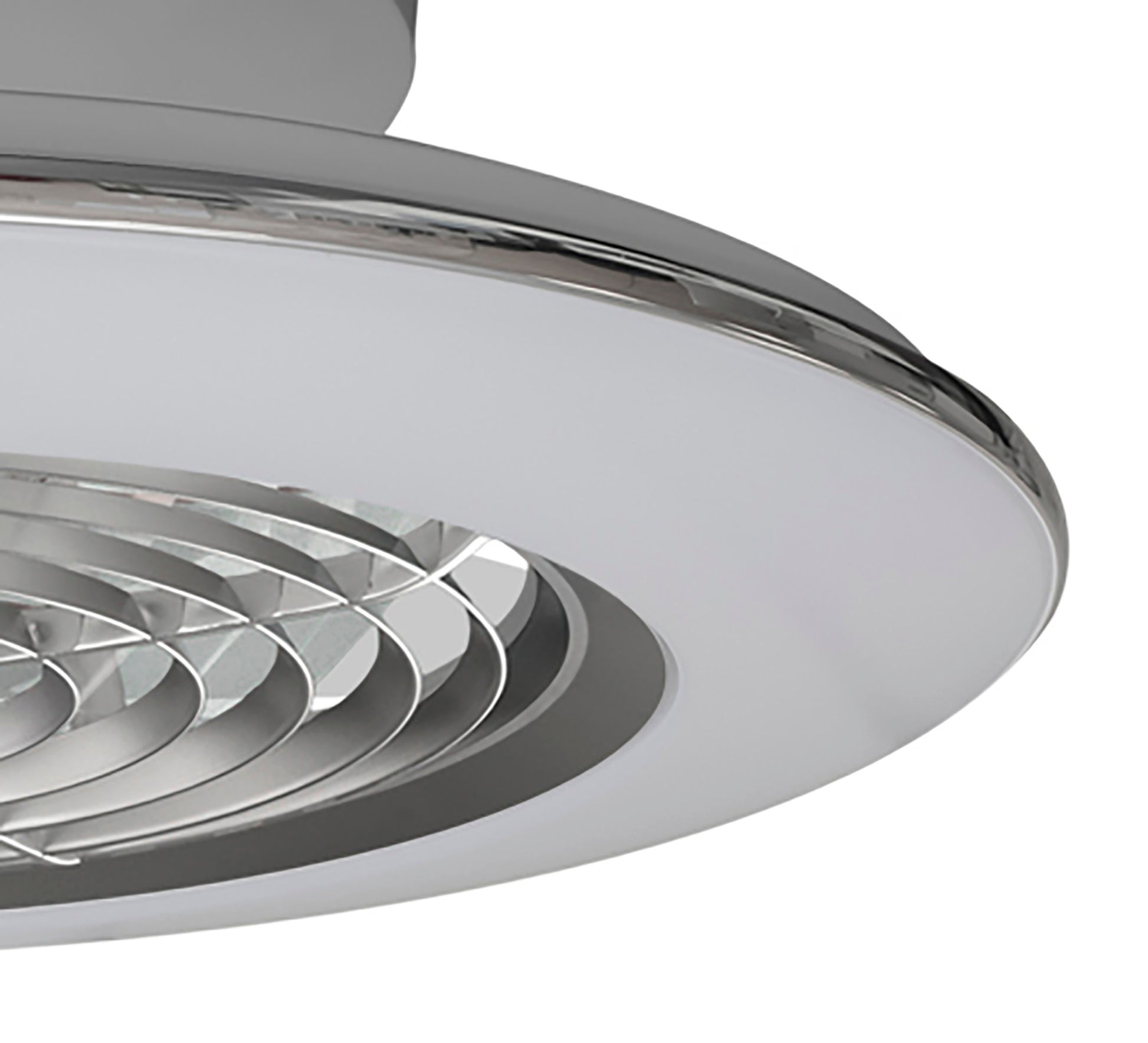 Close-up view of the Alisio Mini Silver Ceiling Fan with Light by Ceiling Fans UK, showcasing its modern ceiling-mounted design. The fan features a circular configuration with concentric grilles and a combination of sleek silver and white elements. Its polished, contemporary look integrates seamlessly into any space. This 52.5cm, 70W LED dimmable ceiling light comes equipped with a built-in 30W DC reversible fan and includes a remote control, offering an impressive 4900 lumens for optimal lighting.
