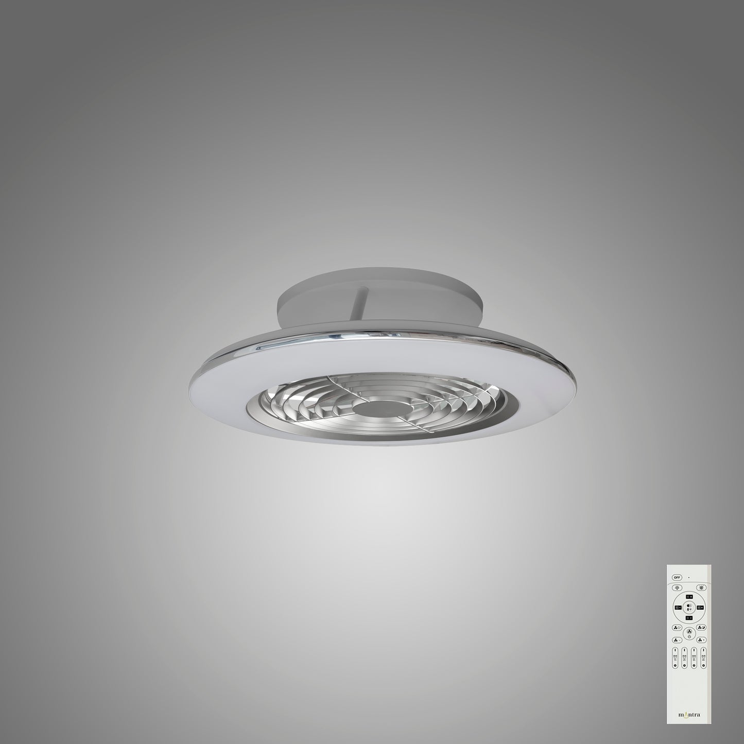 A modern Ceiling Fans UK Alisio Mini Silver Ceiling Fan with Light, measuring 52.5cm and featuring a powerful 70W LED dimmable ceiling light at its center, is mounted on a gray background. The fan includes a built-in 30W DC reversible fan and has a sleek white finish. A remote control for the unit is visible in the bottom right corner.