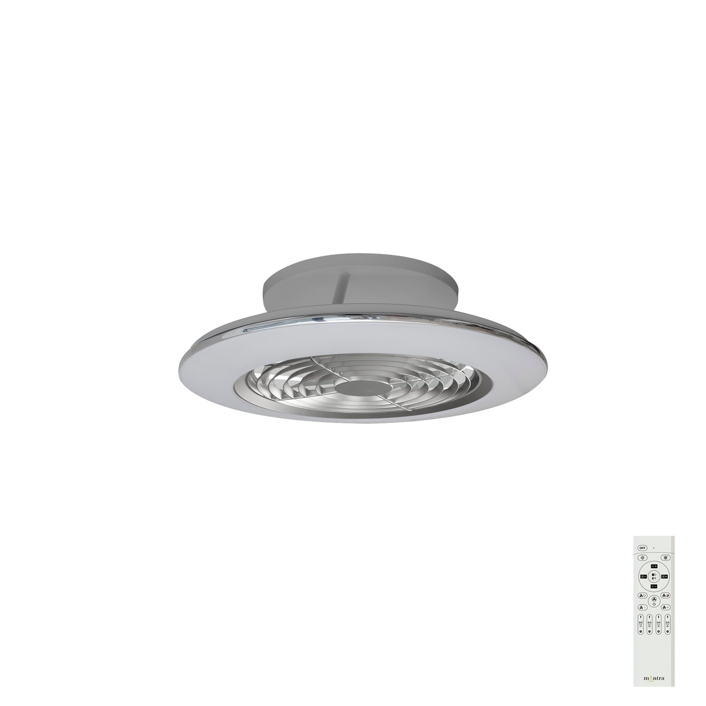 Image of the Ceiling Fans UK Alisio Mini Silver Ceiling Fan with Light, featuring a sleek white finish and a round base. Below the fan, a remote control is shown, equipped with various buttons for operation including power, light, and fan speed adjustments. This 52.5cm ceiling fan includes a built-in 30W DC reversible motor and an LED dimmable ceiling light producing 4900 lumens.