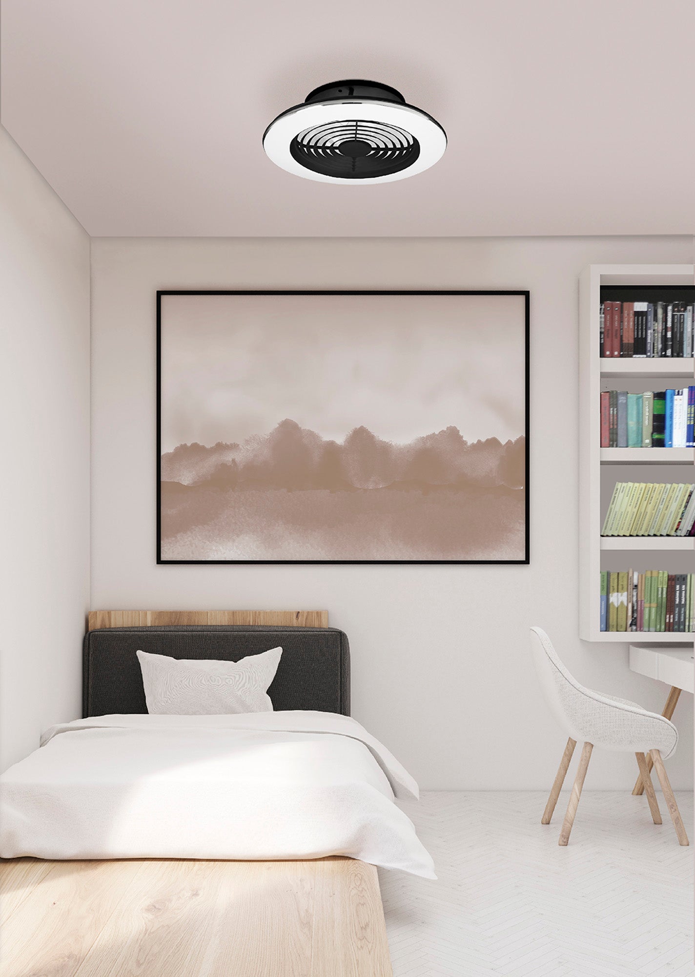 A minimalist bedroom features a single bed with a white pillow and blanket, a wooden nightstand, and modern art on the wall depicting a serene landscape. Overhead is an Alisio Mini Black Ceiling Fan with Light 52.5cm 70W LED Dimmable Ceiling Light With Built-In 30W DC Reversible Fan in White Finish from Ceiling Fans UK, complete with remote control and offering 4900lm of brightness. A white chair with wooden legs sits beside built-in shelves.