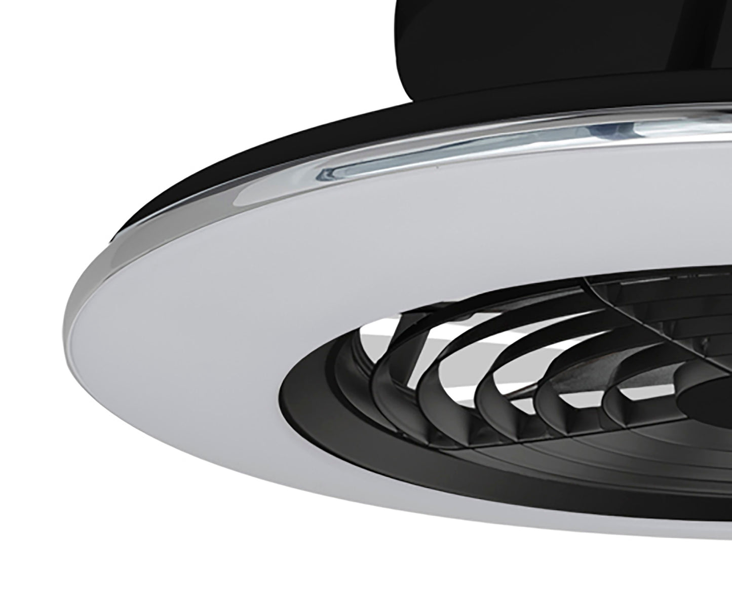 Close-up view of the Alisio Mini Black Ceiling Fan with Light 52.5cm by Ceiling Fans UK, highlighting its sleek black blades set within a circular white frame and accented by metallic trim. This fan, featuring a contemporary design that emphasizes subtle aesthetics, also includes a versatile 70W LED dimmable ceiling light and comes with a 30W DC reversible fan and remote control for added convenience. With an impressive brightness of 4900lm, it offers both functionality and style.