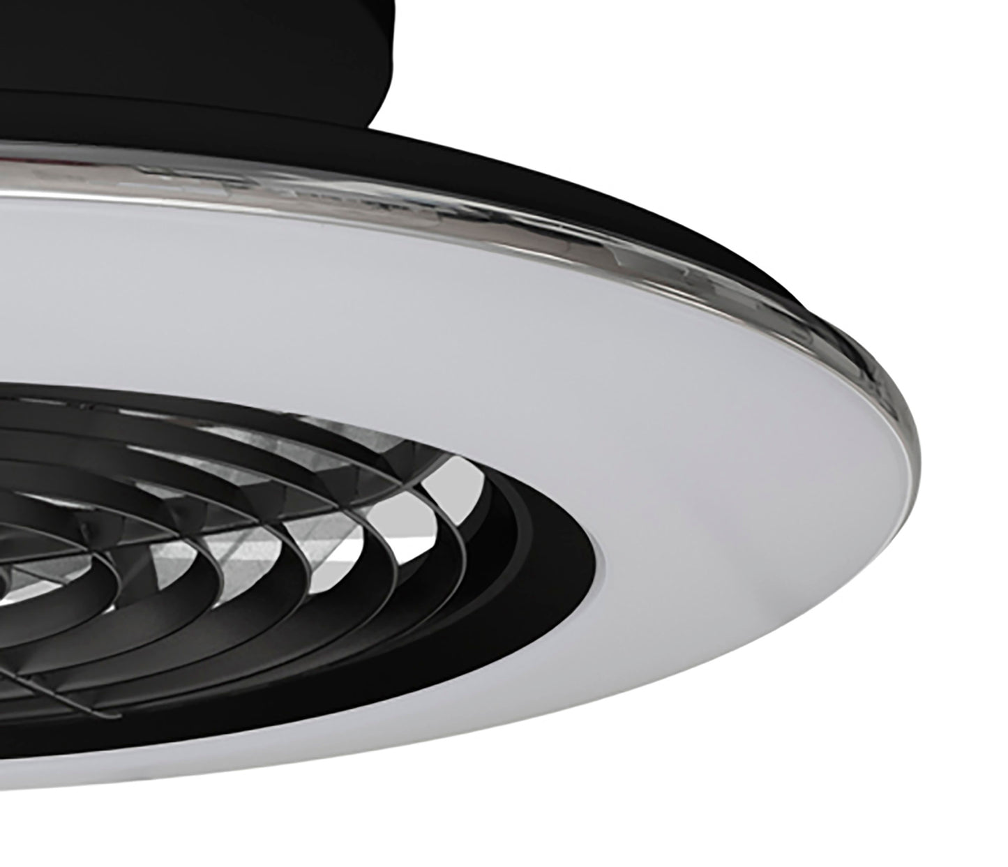 Close-up image of the Alisio Mini Black Ceiling Fan with Light by Ceiling Fans UK. This fan features a 52.5cm, 70W LED dimmable ceiling light with a built-in 30W DC reversible fan. Its sleek, circular design includes a black central blade section surrounded by a white outer ring, all encased within a stylish black frame. The contemporary look is complemented by the included remote control and offers an impressive 4900 lumens for added functionality.