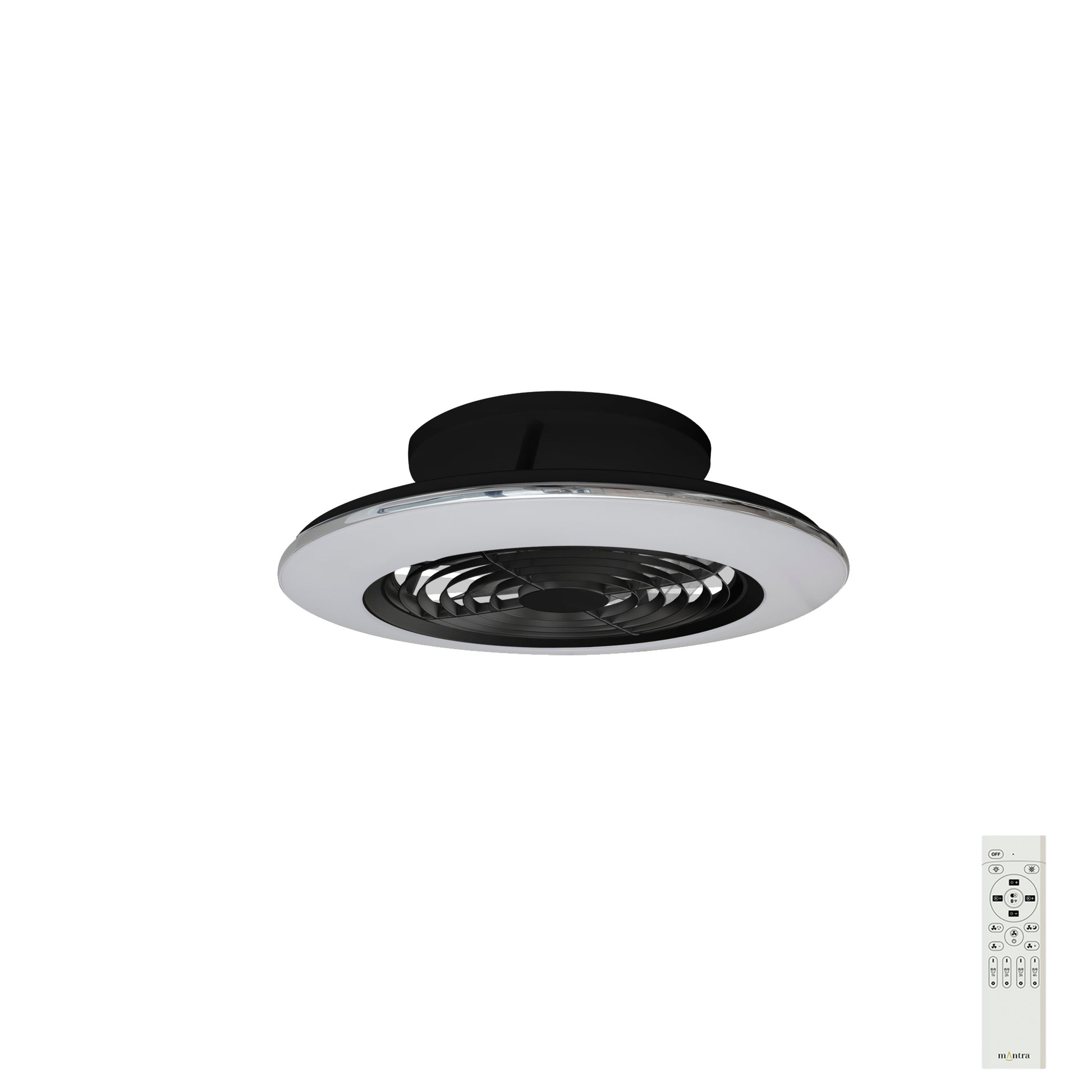 The Alisio Mini Black Ceiling Fan with Light by Ceiling Fans UK features a sophisticated, modern design with a black fan housed in a silver circular frame. It comes equipped with a 70W LED dimmable ceiling light and an integrated 30W DC reversible fan, providing versatile functionality. The included remote control offers various adjustment buttons conveniently displayed below the fan, all set against a white background.