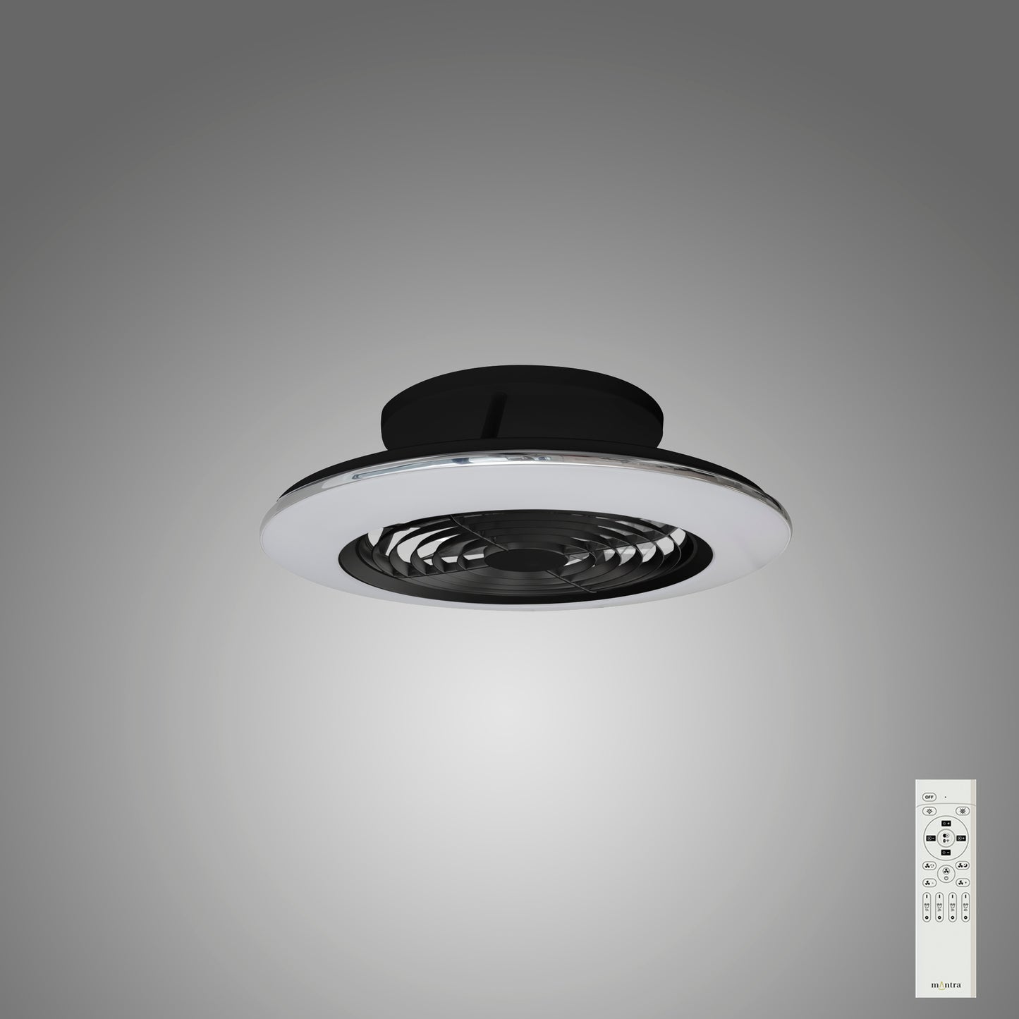 A ceiling-mounted air circulator with a sleek black and silver design is showcased. The Alisio Mini Black Ceiling Fan with Light (52.5cm, 70W LED Dimmable) by Ceiling Fans UK features a circular vent and comes equipped with a white remote control offering various functions. The background is a gradient gray.