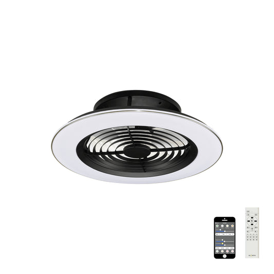 The Alisio Black Ceiling Fan with Light 63cm by Ceiling Fans UK features a sleek circular design with a stylish black and white finish. This modern 70W LED dimmable ceiling light comes with a built-in 35W DC reversible fan, generating up to 4900 lumens. It includes both remote control and smartphone app control for your convenience.