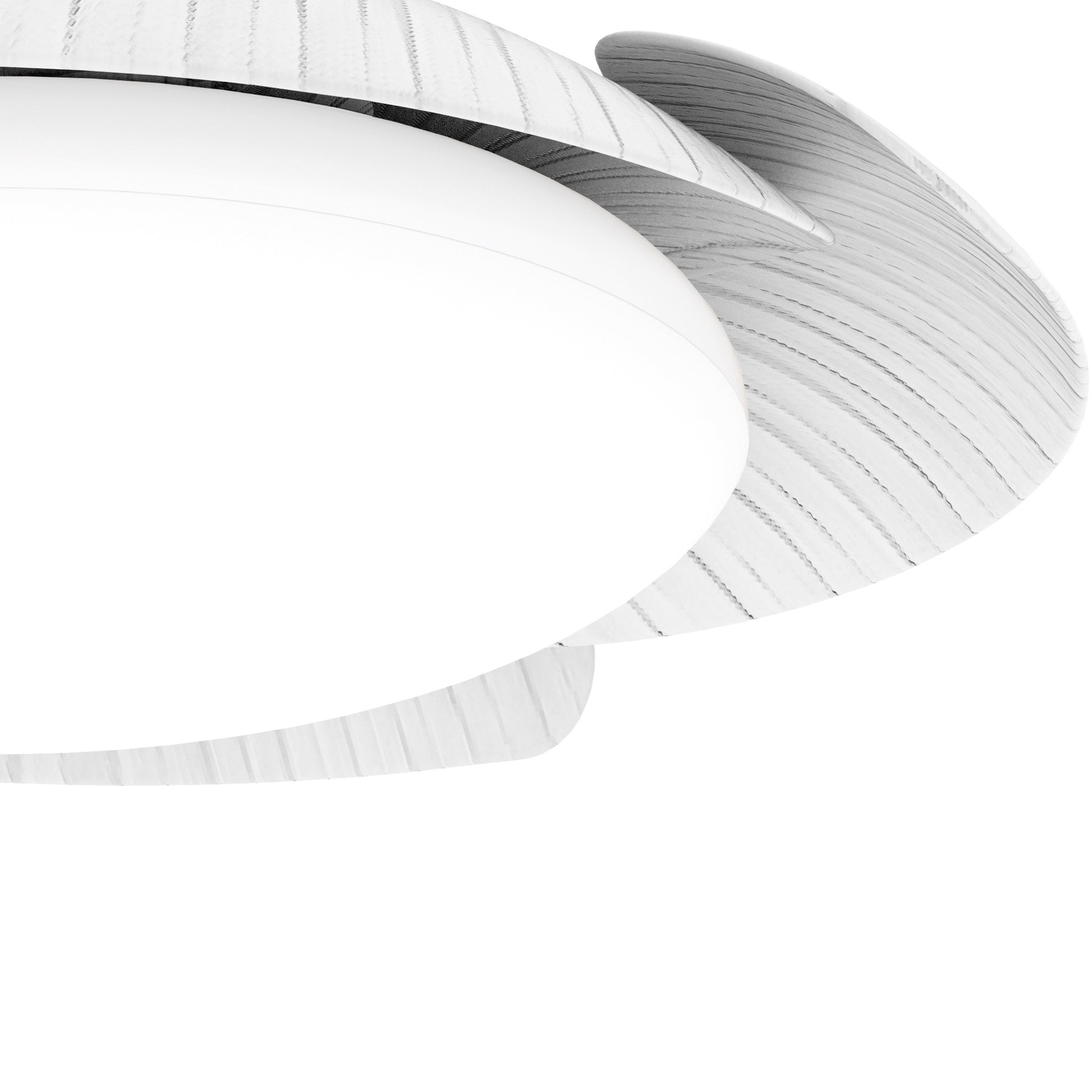 A close-up view of the Aloha White Ceiling Fan with Light by Ceiling Fans UK, showcasing its modern, ceiling-mounted design. The 52cm fixture features sleek, overlapping panels that create a swirl pattern around the 45W LED dimmable light source. The panels have a textured, wood-like appearance and complement the built-in 30W DC reversible fan. This unique piece comes with a 5-year warranty.