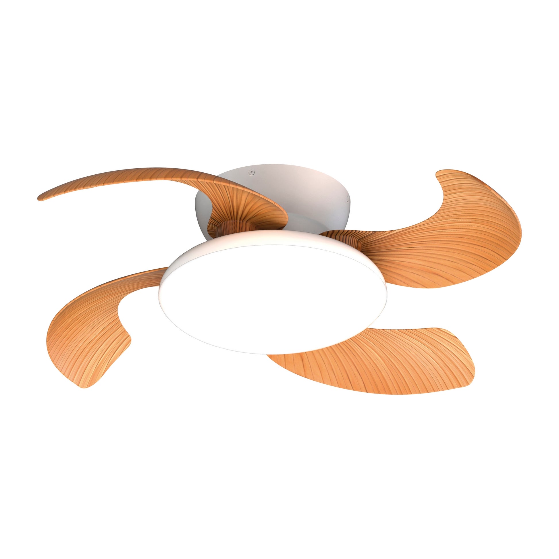 Introducing the Aloha White Ceiling Fan with Light from Ceiling Fans UK. This modern design features a white circular base and four curvy, light wood-toned blades, making it perfect for stylish interiors. With asymmetrical blades creating a dynamic feel, this 52cm fan includes a 45W LED dimmable ceiling light and a built-in 30W DC reversible fan. Enjoy peace of mind with its 5-year warranty.