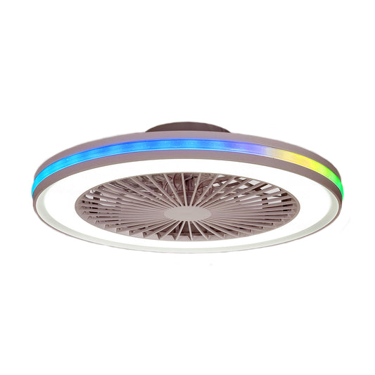 The Ceiling Fans UK Gamer Large White RGB/CCT Ceiling Fan with lights is displayed. This 53cm, 60W LED dimmable ceiling light features a wide outer ring of white light and an RGB segment in shades of blue and green. The built-in 26W DC reversible fan blades are enclosed within the center of the fixture, and it comes with a remote control for easy adjustments, providing up to 4200 lumens.