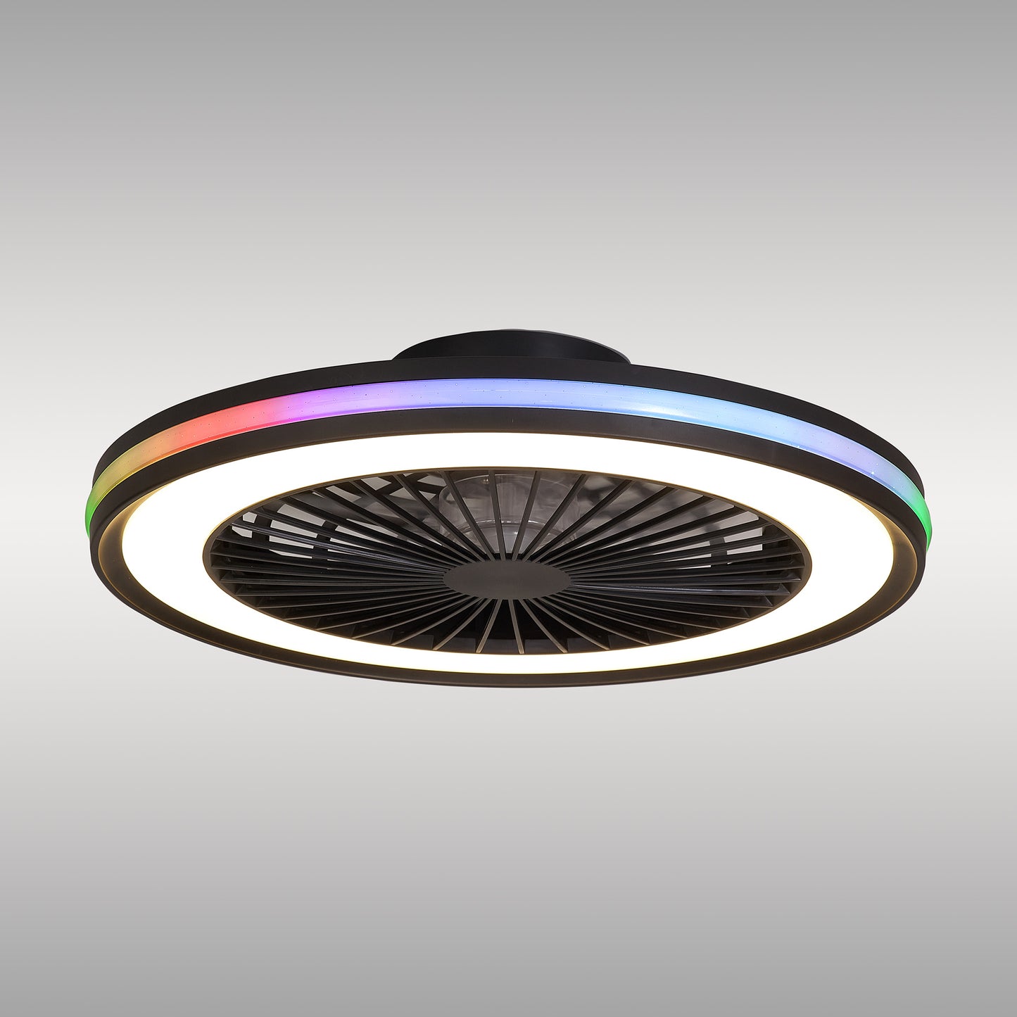 The Ceiling Fans UK Gamer Large Black RGB/CCT Ceiling Fan features a built-in 60W LED light with dimmable white and RGB color-changing capabilities. It includes an integrated circular LED light, a 26W DC reversible fan, and remote control functionality. The enclosed fan blades are housed within a circular frame set against a gradient of light gray, delivering up to 4200 lumens of brightness.