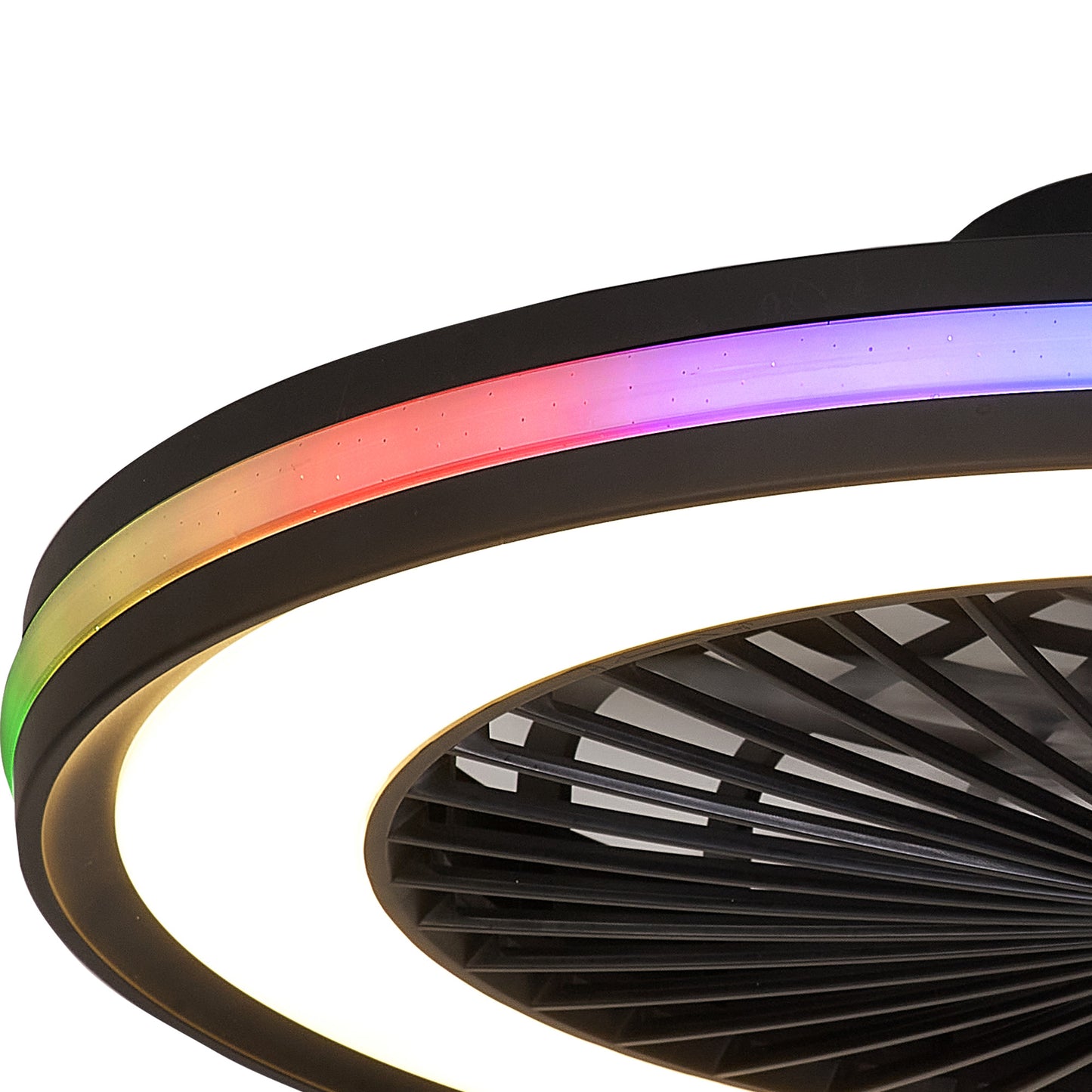 Close-up view of Ceiling Fans UK's Gamer Large Black RGB/CCT Ceiling Fan with an LED light ring. The 60W RGB LEDs create a gradient of colors, transitioning smoothly from green to pink to blue. This sleek black fan features a 53cm thin, circular light ring and a radial pattern in the center, all conveniently controlled by remote.