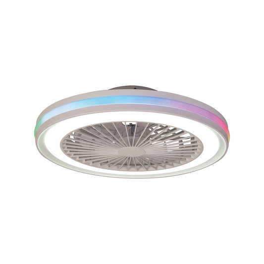 The Gamer Small White Ceiling Fan with Light by Ceiling Fans UK features an integrated circular 40W LED light and a multicolored RGB LED strip around its perimeter. The 20W DC reversible fan blades are enclosed in a protective casing, while the RGB strip displays a stunning gradient of blue, purple, and red colors. This 47cm dimmable ceiling fan comes with a remote control for easy adjustments, making it perfect for gamers.