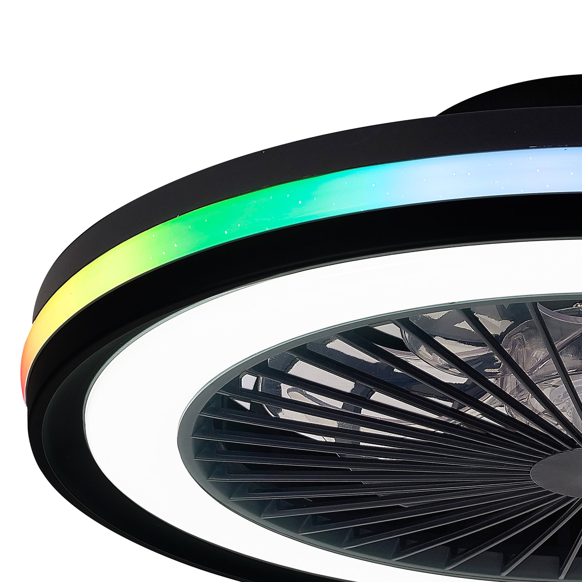 Close-up of the Ceiling Fans UK Gamer Small Black Ceiling Fan with Light. This modern fan boasts a sleek, circular 47cm design that includes a black housing, an LED dimmable light ring emitting a white glow, and an outer ring displaying a spectrum of RGB colors. The fan blades are visible behind the light ring, and it comes equipped with a 20W DC reversible fan and includes a remote control for convenience.