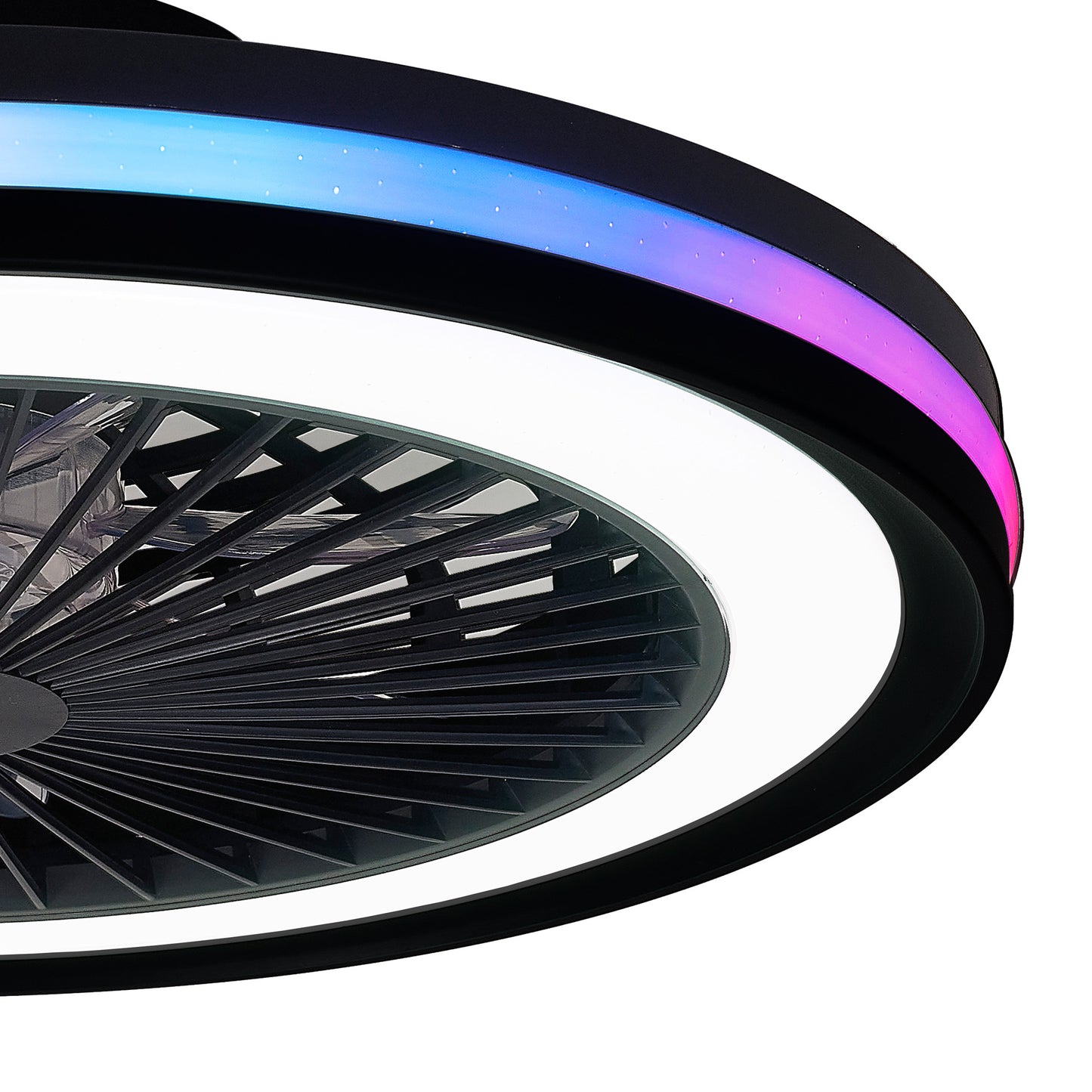 A close-up view of the Gamer Small Black Ceiling Fan with Light from Ceiling Fans UK showcases its modern circular design. The fan features a black exterior frame and integrated 40W LED dimmable lighting, offering various colors including white, blue, and pink around the edge. The 20W DC reversible fan has blades enclosed within the circular frame and comes with a remote control for convenience.