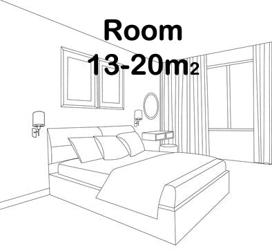 Line drawing of a bedroom showcasing a bed with pillows, two wall-mounted lamps, and a small desk with a round mirror. Large curtained windows frame the space under an Indonesia Beige Rattan Ceiling Fan with Light by Ceiling Fans UK. The product features a 63cm 70W LED dimmable light and built-in 35W DC reversible fan. Text above reads "Room 13-20m².